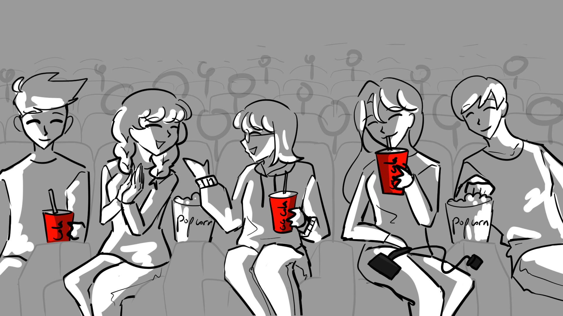 16. Match cut of the group in the theater.