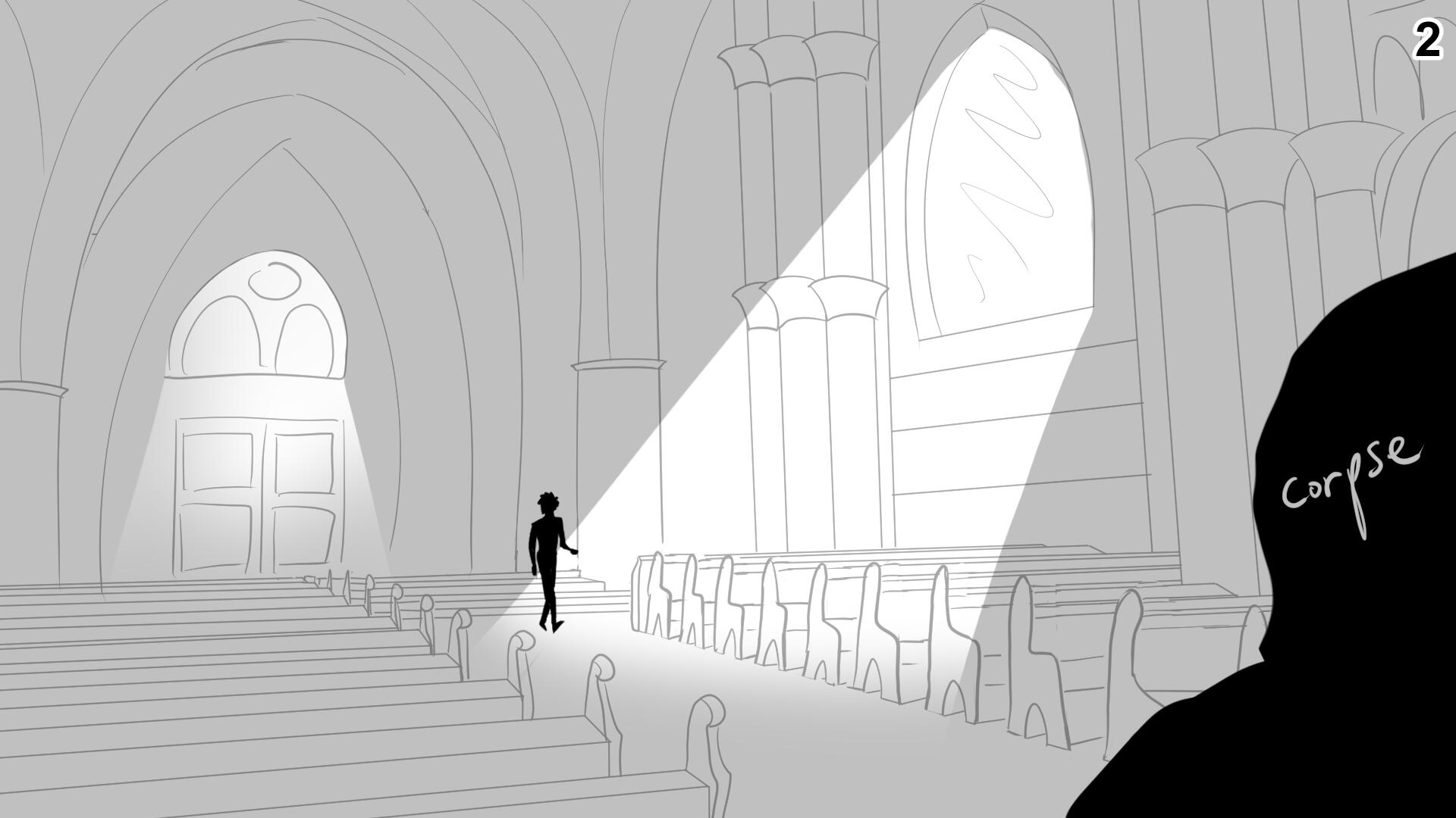 2. From a corpse's angle, Paul cautiously walks through the chapel.