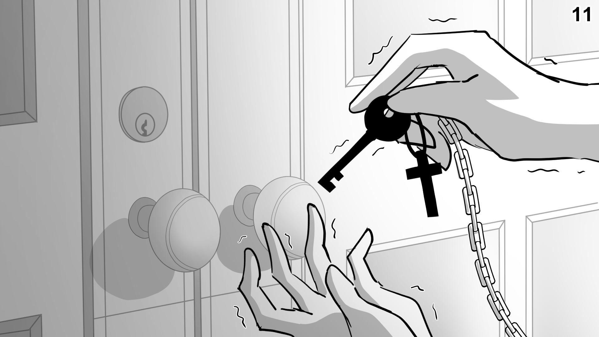 11. Paul shakingly attempts to unlock the door.