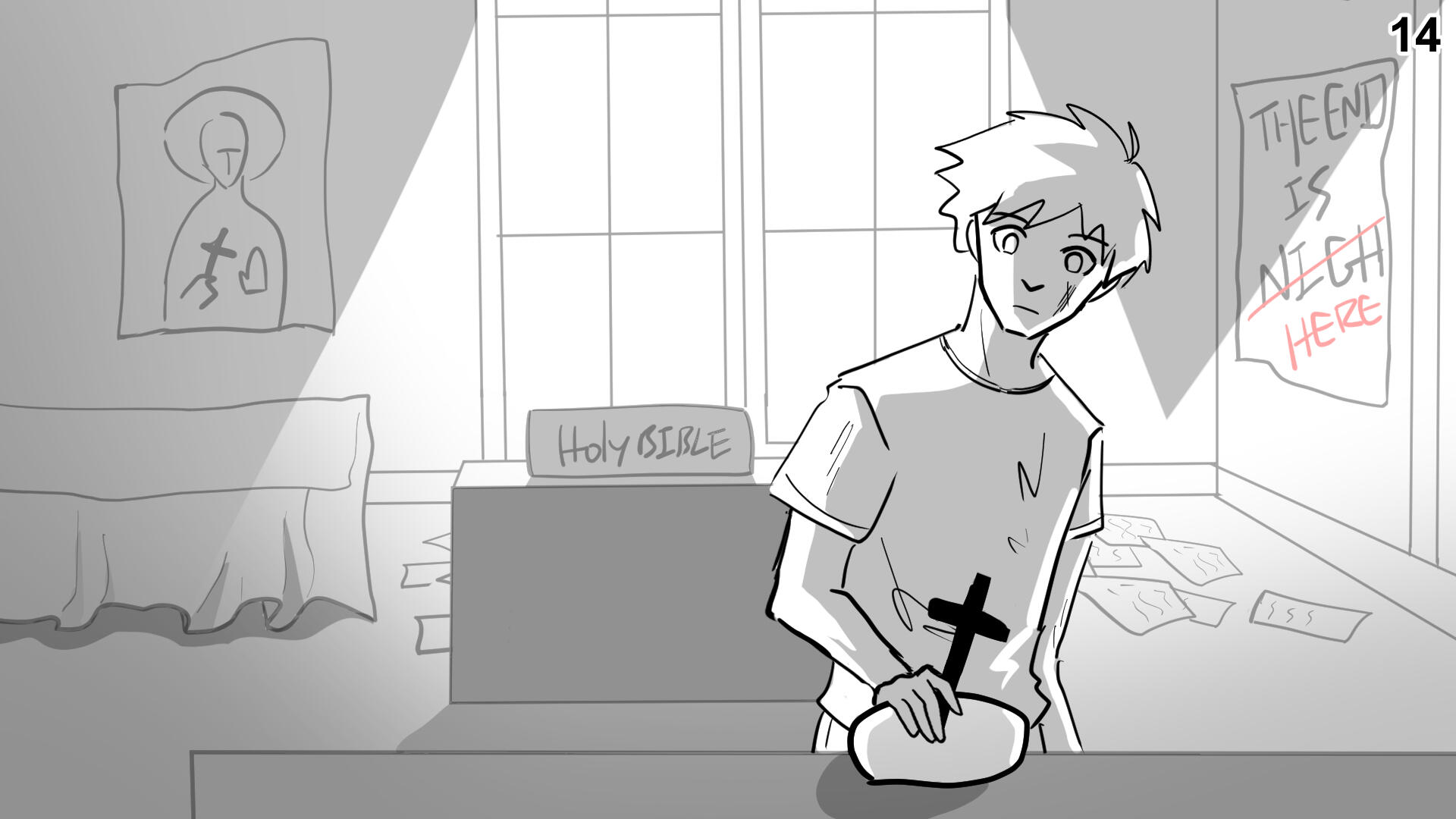 14. He walks around, inspecting the room.