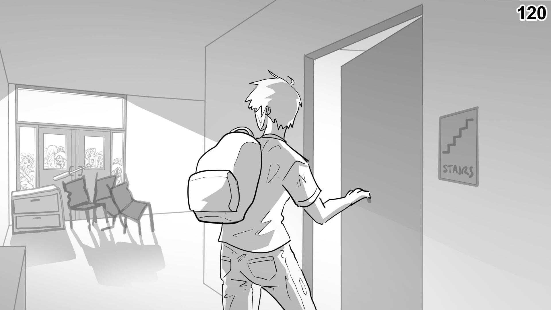 120. Now safe, he walks to the staircase.