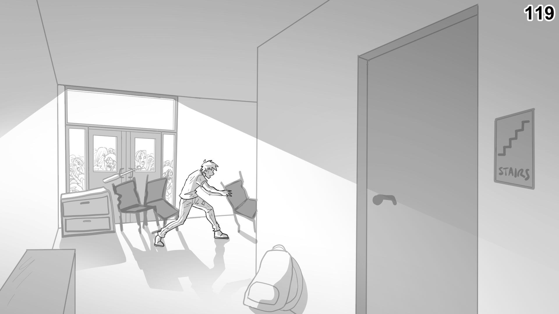 119. Paul blocks the entrance of an apartment complex with furniture.