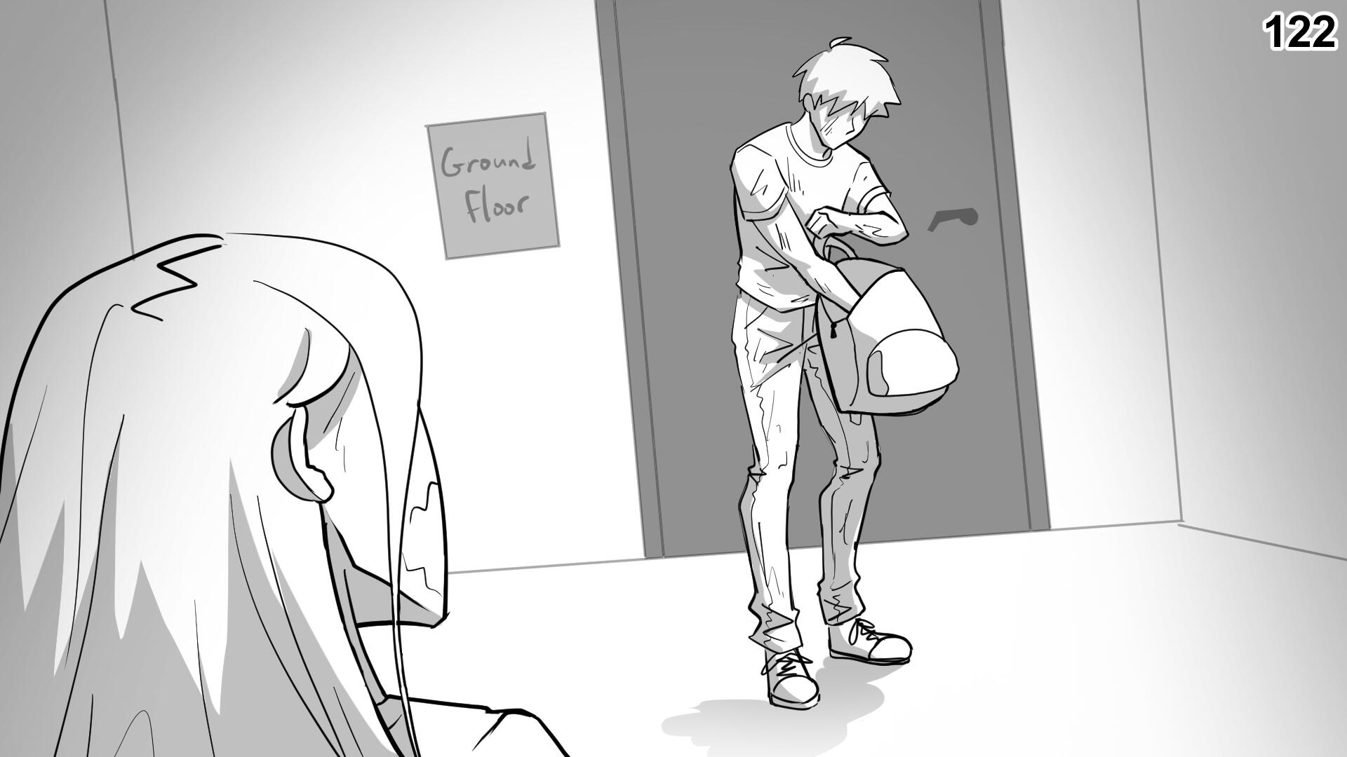 122. Cara looks up as Paul enters the apartment stairwell.